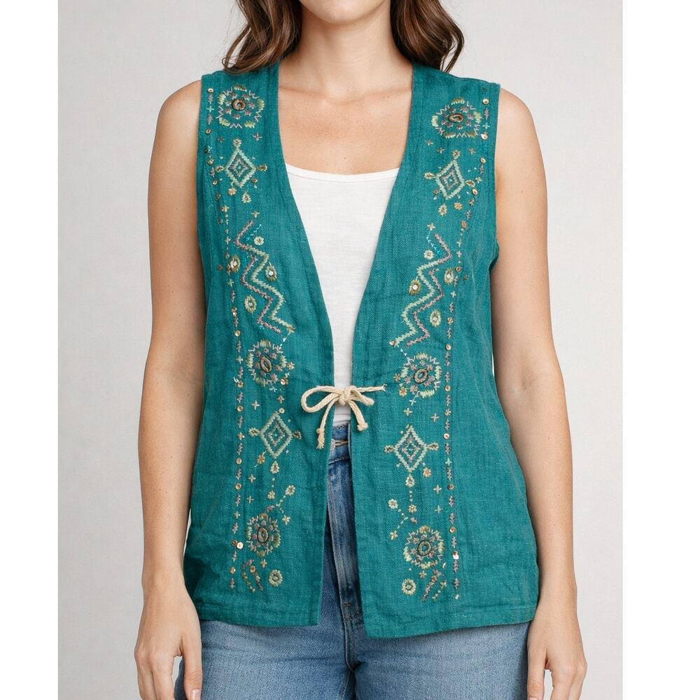 Carole Little Sport Embroidered & Beaded Linen Vest Teal Large